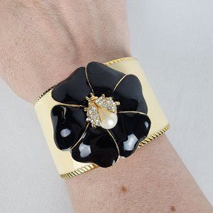 Stella & Dot Black Flower Rhinestone Pearl Ladybug Cuff Bracelet